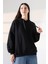 Relax Rahat Kesim Kapşonlu Salaş Oversize Kolları Geniş Basic Kadın Sweatshirt 21966 Siyah 1