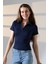 Relax Fit Rahat Kesim Pamuklu Ribana Gömlek Yaka Kısa Kol Basic Kadın Tshirt 22023 Lacivert 1