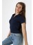 Relax Fit Rahat Kesim Pamuklu Ribana Gömlek Yaka Kısa Kol Basic Kadın Tshirt 22023 Lacivert 2