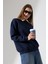 Relax Rahat Salaş Geniş Kesim Gömlek Yaka Pamuklu Kadın Sweatshirt 21985 Lacivert 1