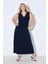 Kadın Büyük Beden Lacivert, Drapeli V Yaka, Jarse Kolsuz Uzun Elbise 65N38983 4