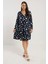 Kadın Büyük Beden Lacivert, Puantiye Desen, Ön Pile Detaylı, Uzun Kol Viskon Elbise 65N39002 1