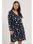 Kadın Büyük Beden Lacivert, Puantiye Desen, Ön Pile Detaylı, Uzun Kol Viskon Elbise 65N39002 2