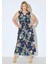 Kadın Büyük Beden Lacivert, Drapeli V Yaka, Çiçek Desenli Elbise 65N38982 1