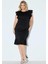 Kadın Büyük Beden Siyah, Scuba Kumaş, Volanlı Kısa Kollu Elbise 65N39047 1
