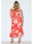 Kadın Büyük Beden Nar, Carmen Yaka Asimetrik Kesim Çiçek Desenli Scuba Kumaş Elbise 65N38978 2