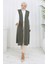 Sade Ince Basic Uzun Yelek Kadın Yelek Büyük Beden Yelek 8763-04 Haki 3