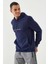 İndigo Yazı Nakışlı Standart Kalıp Kapüşonlu Erkek Sweatshirt - 87887 1
