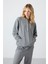 Gri Melanj Kapüşonlu Kanguru Cep Oversize Lastik Paça Kadın Eşofman Takımı - 95288 5