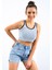 Gök Mavi Basic Sıfır Kol Dar Kalıp U Yaka Kadın Crop Top Atlet - 97162 9