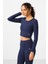 İndigo Yüksek Bel Uzun Kollu Slim Fit Crop Top Kadın Tayt Takım - 95286 5