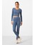 Petrol Yüksek Bel Uzun Kollu Slim Fit Crop Top Kadın Tayt Takım - 95286 1