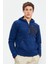 İndigo Nakışlı Yarım Fermuar Kapüşonlu Standart Kalıp Erkek Polar Sweatshirt - 87996 3