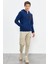 İndigo Nakışlı Yarım Fermuar Kapüşonlu Standart Kalıp Erkek Polar Sweatshirt - 87996 4