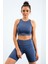 Petrol Yüksek Bel Toparlayıcı Dar Kalıp Crop Biker Kadın Tayt Takım - 95302 9
