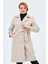 Kadın Suya Dayanıklı Büyük Beden Trençkot Kemerli Uzun Kruvaze Trençkot Bonded Kumaş Astarlı Krem 1