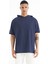 İndigo Kapüşonlu Kol Etiket Detaylı Oversize Erkek T-shirt - 88179 1