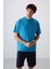 Petrol Mavi Pamuklu Kalın Yumuşak Dokulu Oversize Fit Basic Erkek T-Shirt - 88352 4