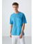 Petrol Mavi Pamuklu Kalın Yüzeyi Dokulu Oversize Fit Basic Erkek T-Shirt - 88341 1