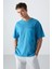 Petrol Mavi Pamuklu Kalın Yüzeyi Dokulu Oversize Fit Basic Erkek T-Shirt - 88341 4