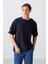Lacivert Pamuklu Kalın Yüzeyi Dokulu Oversize Fit Basic Erkek T-Shirt - 88339 1