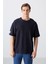 Lacivert Pamuklu Kalın Yüzeyi Dokulu Oversize Fit Basic Erkek T-Shirt - 88339 4