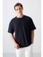 Lacivert Pamuklu Kalın Yüzeyi Dokulu Oversize Fit Baskılı Erkek T-Shirt - 88336 1