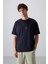 Lacivert Pamuklu Kalın Yumuşak Dokulu Oversize Fit Baskılı Erkek T-Shirt - 88332 1