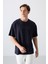 Lacivert Pamuklu Kalın Yumuşak Dokulu Oversize Fit Baskılı Erkek T-Shirt - 88329 1