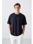 Lacivert Pamuklu Kalın Yumuşak Dokulu Oversize Fit Baskılı Erkek T-Shirt - 88329 4