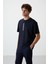 Lacivert Pamuklu Kalın Yüzeyi Dokulu Oversize Fit Baskılı Erkek T-Shirt - 88366 4