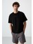 Siyah Pamuklu Kalın Yüzeyi Dokulu Oversize Fit Baskılı Erkek T-Shirt - 88364 1