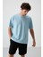 Açık Mavi Pamuklu Kalın Yüzeyi Dokulu Oversize Fit Baskılı Erkek T-Shirt - 88364 1