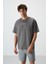 Koyu Gri Pamuklu Kalın Yüzeyi Dokulu Oversize Fit Baskılı Erkek T-Shirt - 88364 4