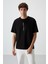 Siyah Pamuklu Kalın Yüzeyi Dokulu Oversize Fit Baskılı Erkek T-Shirt - 88366 1