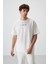 Ekru Pamuklu Kalın Yüzeyi Dokulu Oversize Fit Baskılı Erkek T-Shirt - 88364 1