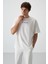 Ekru Pamuklu Kalın Yüzeyi Dokulu Oversize Fit Baskılı Erkek T-Shirt - 88364 4