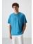 Petrol Mavi Pamuklu Kalın Yüzeyi Dokulu Oversize Fit Baskılı Erkek T-Shirt - 88364 1