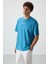 Petrol Mavi Pamuklu Kalın Yüzeyi Dokulu Oversize Fit Baskılı Erkek T-Shirt - 88364 4
