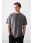 Koyu Gri Pamuklu Kalın Yumuşak Dokulu Oversize Fit Baskılı Erkek T-Shirt - 88373 2