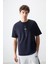 Lacivert Pamuklu Kalın Yumuşak Dokulu Oversize Fit Baskılı Erkek T-Shirt - 88373 1