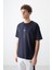 Lacivert Pamuklu Kalın Yumuşak Dokulu Oversize Fit Baskılı Erkek T-Shirt - 88373 4
