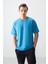 Petrol Mavi Pamuklu Kalın Yumuşak Dokulu Oversize Fit Baskılı Erkek T-Shirt - 88373 1
