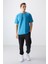 Petrol Mavi Pamuklu Kalın Yumuşak Dokulu Oversize Fit Baskılı Erkek T-Shirt - 88373 4