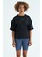 Siyah O Yaka Baskı Detaylı Oversize Kısa Kol Kadın T-Shirt - 97263 2