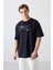 Lacivert Pamuklu Kalın Yumuşak Dokulu Oversize Fit Baskılı Erkek T-Shirt - 88326 1