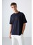 Lacivert Pamuklu Kalın Yumuşak Dokulu Oversize Fit Baskılı Erkek T-Shirt - 88324 1