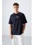 Lacivert Pamuklu Kalın Yumuşak Dokulu Oversize Fit Baskılı Erkek T-Shirt - 88321 1