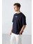 Lacivert Pamuklu Kalın Yumuşak Dokulu Oversize Fit Baskılı Erkek T-Shirt - 88321 4