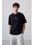 Lacivert Pamuklu Kalın Yumuşak Dokulu Oversize Fit Baskılı Erkek T-Shirt - 88325 1